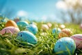 A colorful Easter egg hunt scene with pastel colored eggs scattered on bright green grass