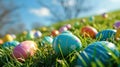 A colorful Easter egg hunt scene with pastel colored eggs scattered on bright green grass