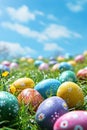 A colorful Easter egg hunt scene with pastel colored eggs scattered on bright green grass