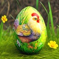 Colorful Easter egg with the image of a rooster stands on green grass, with yellow flowers, created by artificial intelligence Royalty Free Stock Photo