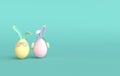 Colorful Easter egg with rabbit ears on green background. Happy Easter big hunt or sale banner, mockup template. April holiday -