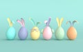 Colorful Easter egg with rabbit ears on green background. Happy Easter big hunt, sale banner, mockup template. Religious April