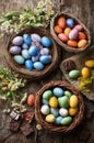 Colorful Easter Eggs Arranged in Baskets With Chocolate and Flowers on Wooden Table Royalty Free Stock Photo