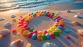 Colorful Jelly Beans Circle on Sandy Beach at Sunset Royalty Free Stock Photo