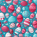 Colorful easter eggs arranged in a delightful seamless pattern over a vibrant pink solid background