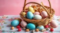 Colorful Easter eggs arranged in a woven basket on a floral tablecloth for a spring celebration Royalty Free Stock Photo