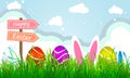 Colorful easter eggs on background with grass and clouds