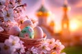 Colorful easter eggs in basket with blossoms and church at sunrise Royalty Free Stock Photo