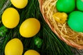 Easter eggs in the basket and with fake grass