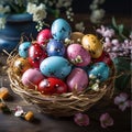 Colorful Easter eggs in a basket with flowers on a wooden background Royalty Free Stock Photo