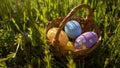 Happy easter. Colorful  Easter eggs hidden in the green grass. Easter egg hunt for kids. Royalty Free Stock Photo