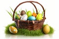 Easter Eggs In Basket Standing On Green Grass, Isolated On White Background - Generative AI Royalty Free Stock Photo