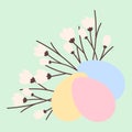 Colorful Easter Eggs and blooming twigs Festive composition in trendy spring shades Easter greeting Royalty Free Stock Photo
