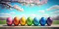 Colorful Easter Eggs with blossoming spring landscape background. Generative AI