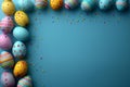 Colorful easter eggs on a blue background with space for text at the top. a border of colorful easter eggs frames the flat la Royalty Free Stock Photo