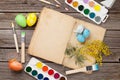 Colorful easter eggs, book and paint brushes