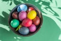 Colorful Easter eggs in bowl. Attribute of Easter celebration Royalty Free Stock Photo