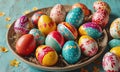 colorful easter eggs in bowl on blue background Royalty Free Stock Photo