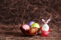Colorful Easter eggs, bowl and bunny rabbit Royalty Free Stock Photo