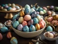 Colorful easter eggs in a bowl on a dark background. Made with Generative AI Royalty Free Stock Photo