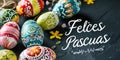 colorful easter eggs with calligraphy text Felices Pascuas, on a dark bitton surface, banner