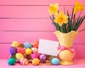 Colorful Easter Eggs in Carton with Vintage Yellow Vase filled with Spring Daffodils against Bright Pink Wood Board Background wit Royalty Free Stock Photo