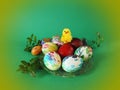 Colorful Easter eggs and chick in plate Royalty Free Stock Photo