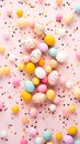 Colorful Easter Eggs and confetti on pink background. Easter greeting card
