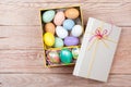 Colorful Easter Eggs decorated in beautiful giftbox Royalty Free Stock Photo
