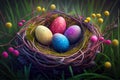 Colorful easter eggs decorated in a nest on green grass Royalty Free Stock Photo