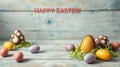 Colorful Easter eggs and decorations arranged on a rustic wooden surface for festive spring celebration Royalty Free Stock Photo