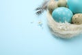 Colorful Easter eggs in decorative nest on blue background. Space for text Royalty Free Stock Photo