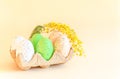 colorful Easter eggs in ecological packaging and mimosa flower on beige background. happy Easter Royalty Free Stock Photo