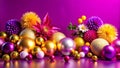 Colorful Easter eggs, flowers, and balls on a purple background Royalty Free Stock Photo