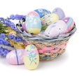 Colorful Easter Eggs, Flowers and Basket Royalty Free Stock Photo