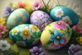 Colorful Easter eggs with flowers decor on them. Flowers around on green grass. Generative Ai Royalty Free Stock Photo