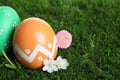 Colorful Easter eggs and flowers on grass, closeup. Space for text Royalty Free Stock Photo