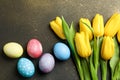 Colorful easter eggs with flowers on wooden background Royalty Free Stock Photo