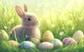 Colorful Easter eggs in fresh green grass and a lovely rabbit.Spring natural scene. Royalty Free Stock Photo