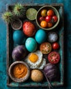 Colorful Easter Eggs with Fried Egg and Tomatoes in Rustic Tray Royalty Free Stock Photo
