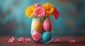 Colorful easter eggs in glass vase with flowers on blue background. A bunch of colored eggs in glasses Royalty Free Stock Photo