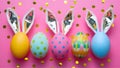 Colorful Easter eggs, golden confetti, pink background, festive bunny ears Royalty Free Stock Photo