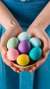 Colorful Easter eggs, golden confetti, pink background, festive bunny ears Royalty Free Stock Photo