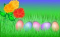 Colorful Easter eggs on grass with Flower. Royalty Free Stock Photo