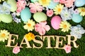 Colorful Easter eggs on grass with flowers Royalty Free Stock Photo