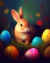 Colorful easter eggs in a grassy nest with a playful bunny hopping nearby