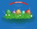 Colorful Easter eggs in green grass with flowers on blue background. Decorative element for design. Vector Royalty Free Stock Photo