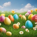 Colorful Easter eggs on green grass with flowers and blue sky Royalty Free Stock Photo