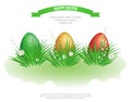 Colorful Easter eggs in green grass with flowers isolated on white background. Element for celebratory design. Vector Royalty Free Stock Photo