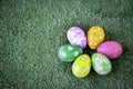 Colorful Easter eggs on green grass at the yard   festival and holiday spring coming  Easter calibration Royalty Free Stock Photo